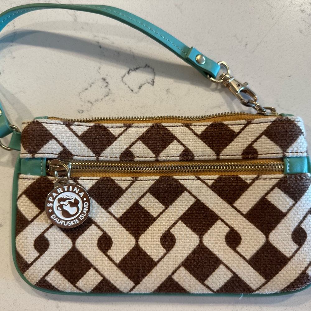 Spartina 449 Geometric Brown and Cream Wristlet with Teal Accents